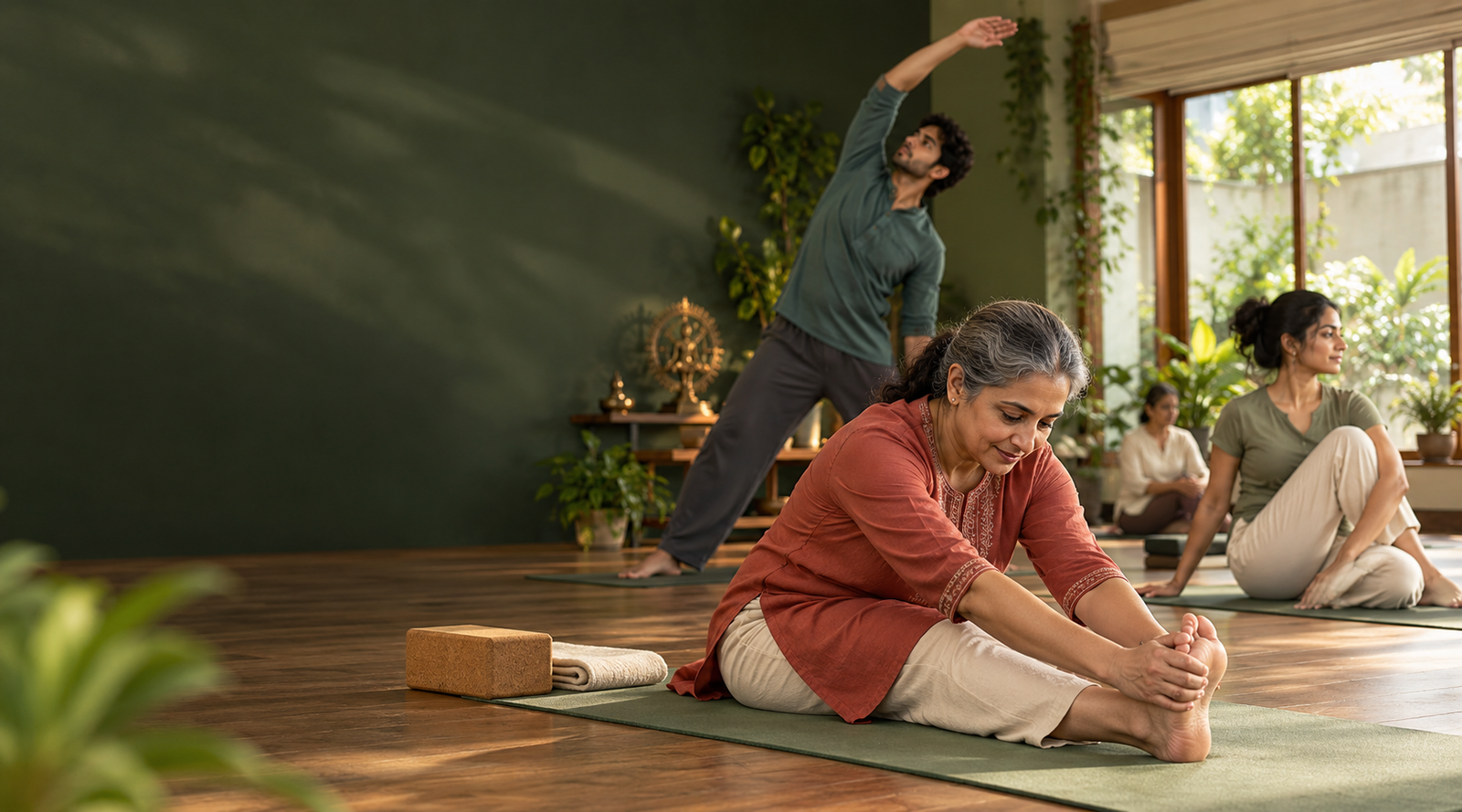 Calm, light-filled yoga studio space